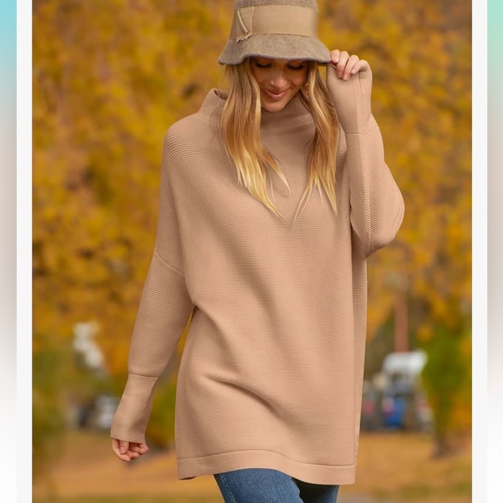 Women’s Turtleneck Batwing Sleeve Oversized Ribbed Knit Tunic Sweater - Picture 13 of 13